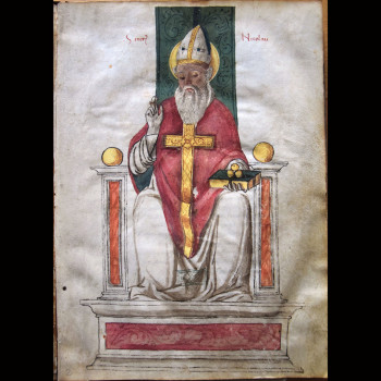 Disegno policromo di San Nicolò, anteposto alla statuto della confraternita degli zattieri di Belluno (1492), che per secoli condussero il legname dai boschi della montagna a Venezia, fluitando il corso del fiume Piave.